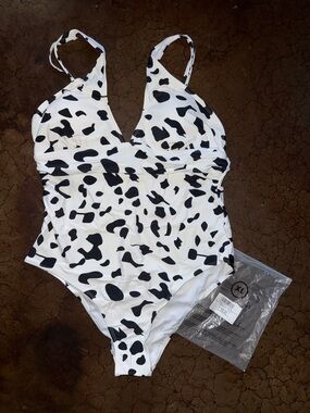 White and Black One-Piece Swimsuit with V-neck, NEW